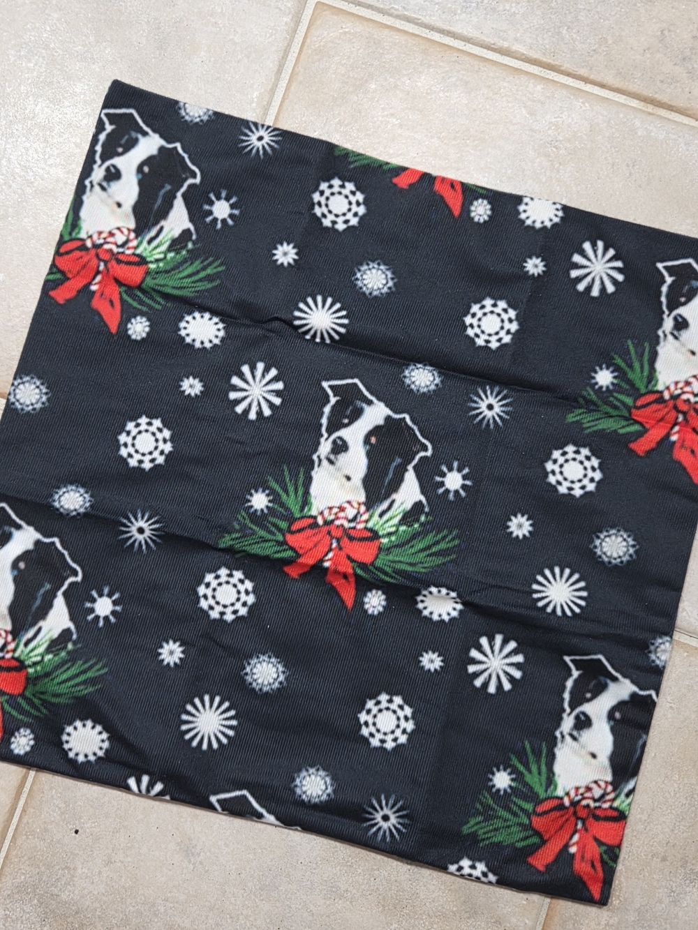 Festive Dog Print Holiday Pillow Cover - Black with Red & Green Accents